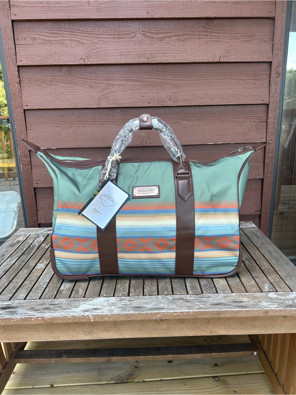 Pendleton Sage Green and Brown Patterned Roller Weekender Duffel